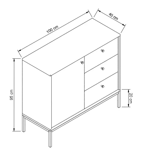 Kommode schmal 100 cm, 1 Tür, 3 Schubladen, glatte Fronten, auf einem schwarze Metallrahmen Gaja - Eiche Cremona