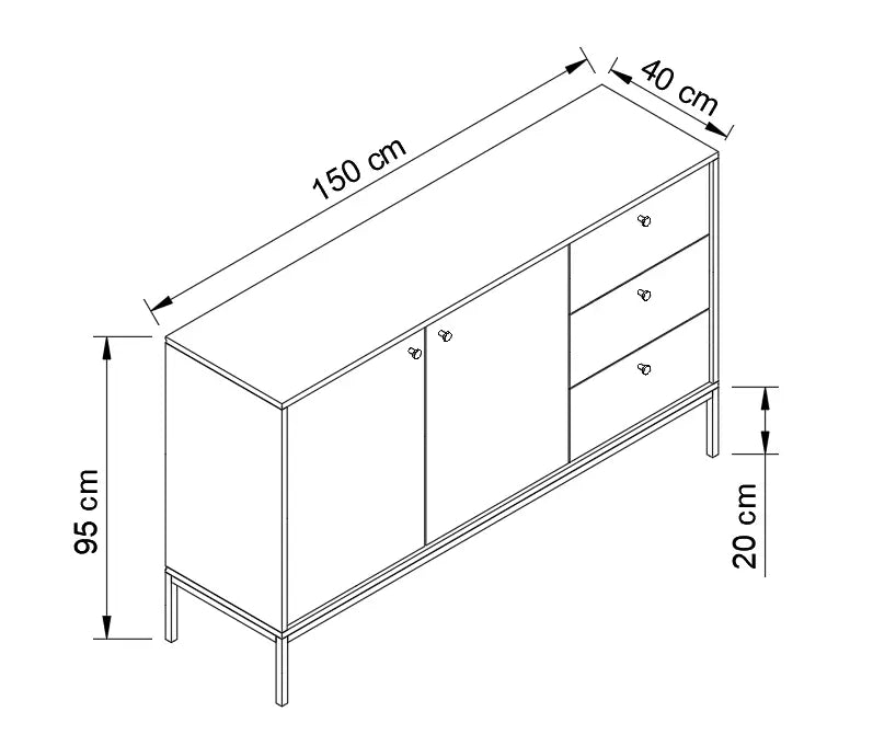 Kommode 150 cm, 2 Türen, 3 Schubladen, glatte Fronten, auf einem schwarze Metallrahmen Gaja - Eiche Cremona