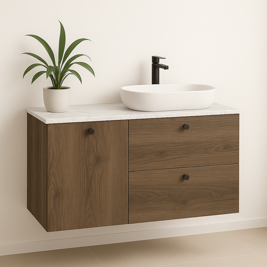 Waschtischunterschrank 100 cm aus der Serie Beti in Dunkelwalnuss mit Front in Marmoroptik Bianco. Stilvolle Kombination aus edlem Holzdekor und heller Marmoroptik, mit integriertem Wäschekorb für mehr Ordnung und Funktionalität im Bad.