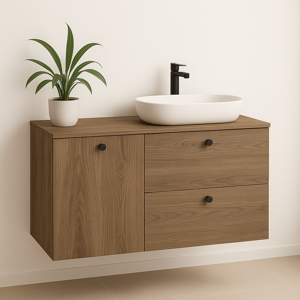 Waschtischunterschrank 100 cm aus der Serie Beti in Dunkelwalnuss. Elegantes, dunkles Holzdekor mit integriertem Wäschekorb – ideal für stilvolle und funktionale Badgestaltung.