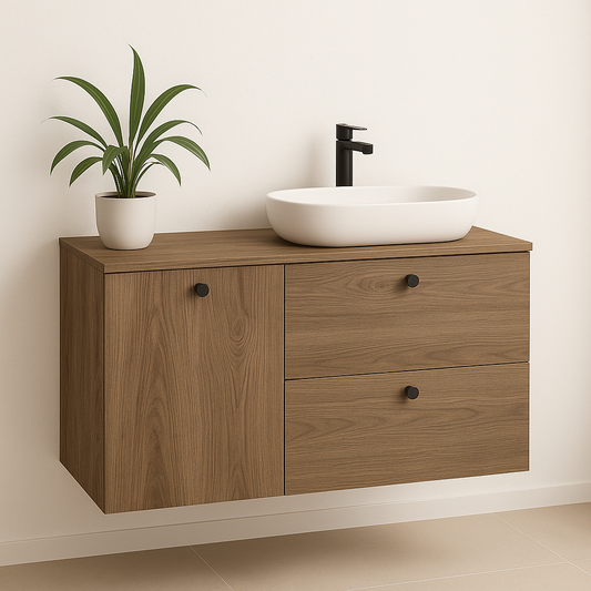 Waschtischunterschrank 100 cm aus der Serie Beti in Dunkelwalnuss. Elegantes, dunkles Holzdekor mit integriertem Wäschekorb – ideal für stilvolle und funktionale Badgestaltung.