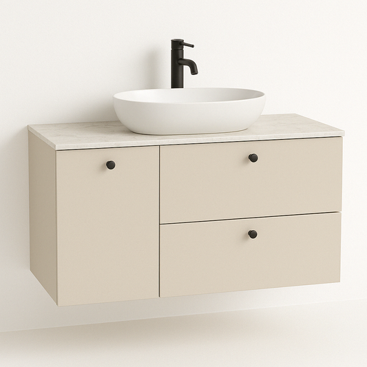Waschtischunterschrank 100 cm, mit Wäschekorb Beti - Kaschmir/Marmur Bianco