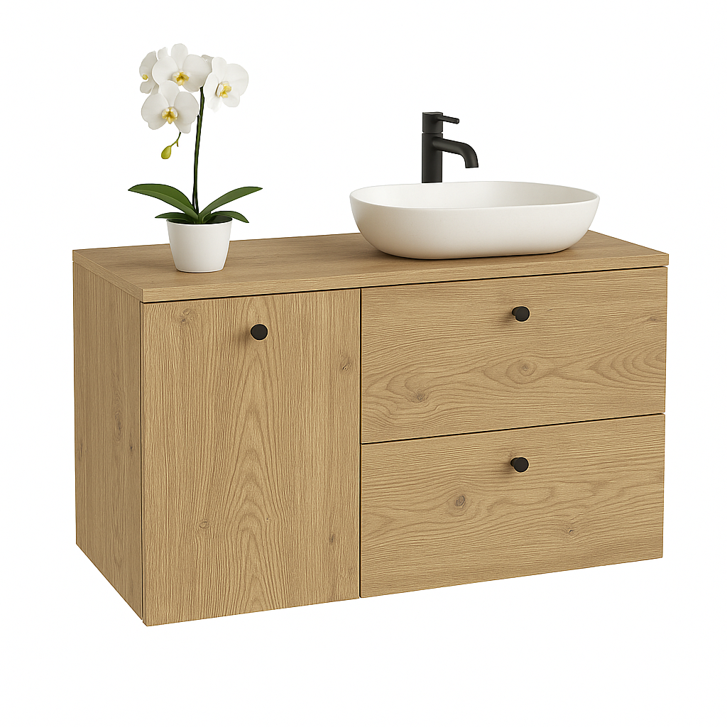 Waschtischunterschrank 100 cm aus der Serie Beti in Eiche Cremona. Modernes, warmes Holzdekor mit integriertem Wäschekorb für eine praktische und stilvolle Badezimmerlösung. Klare Linien und funktionales Design.