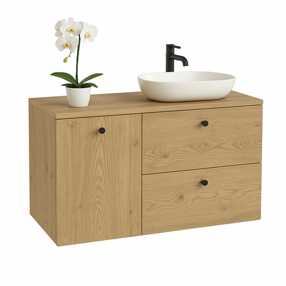 Waschtischunterschrank 100 cm aus der Serie Beti in Eiche Cremona. Modernes, warmes Holzdekor mit integriertem Wäschekorb für eine praktische und stilvolle Badezimmerlösung. Klare Linien und funktionales Design.