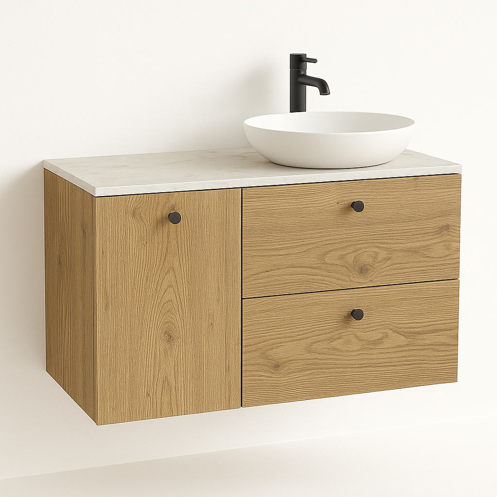 Waschtischunterschrank 100 cm aus der Serie Beti in Eiche Cremona mit Front in Marmoroptik Bianco. Modernes Design mit natürlicher Holzoptik und eleganter Marmorfront. Integrierter Wäschekorb hinter einer Tür sorgt für praktische und stilvolle Aufbewahrung im Badezimmer.