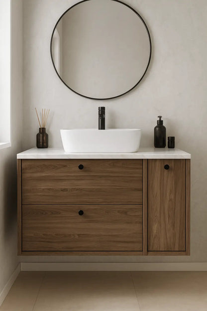 Waschtischunterschrank 80 cm mit Regal, glatte Fronten Belino - Walnuss Dunkel/Marmor Bianco