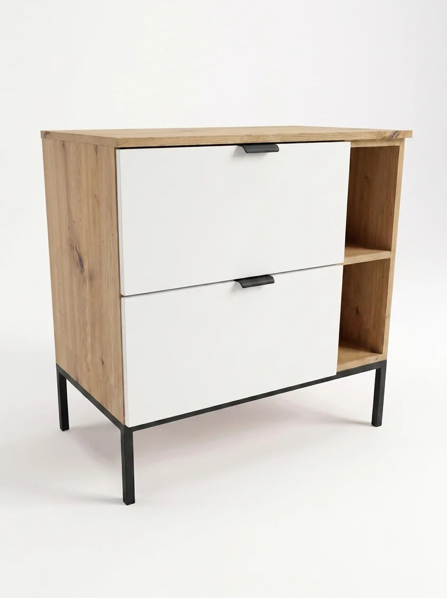 Waschtischunterschrank mit Regal 80 cm auf einem Metallgestell Orio - Weiß/Eiche artisan