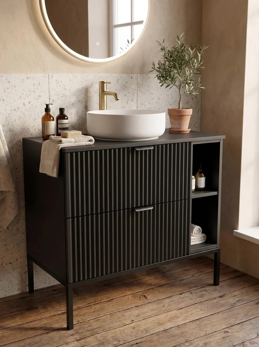 Waschtischunterschrank mit Regal 80 cm auf einem Metallgestell Willy - Schwarz