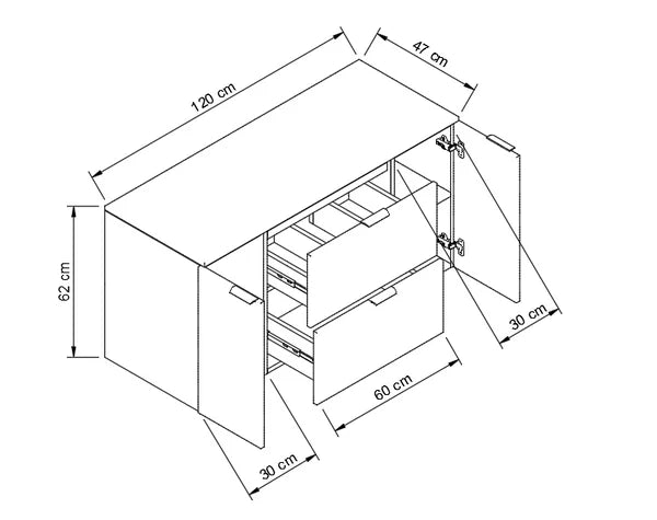 Badmöbel-Set: 120 cm Schrank mit 2 Schubladen, 2 Türen Orio - Kaschmir/Eiche artisan
