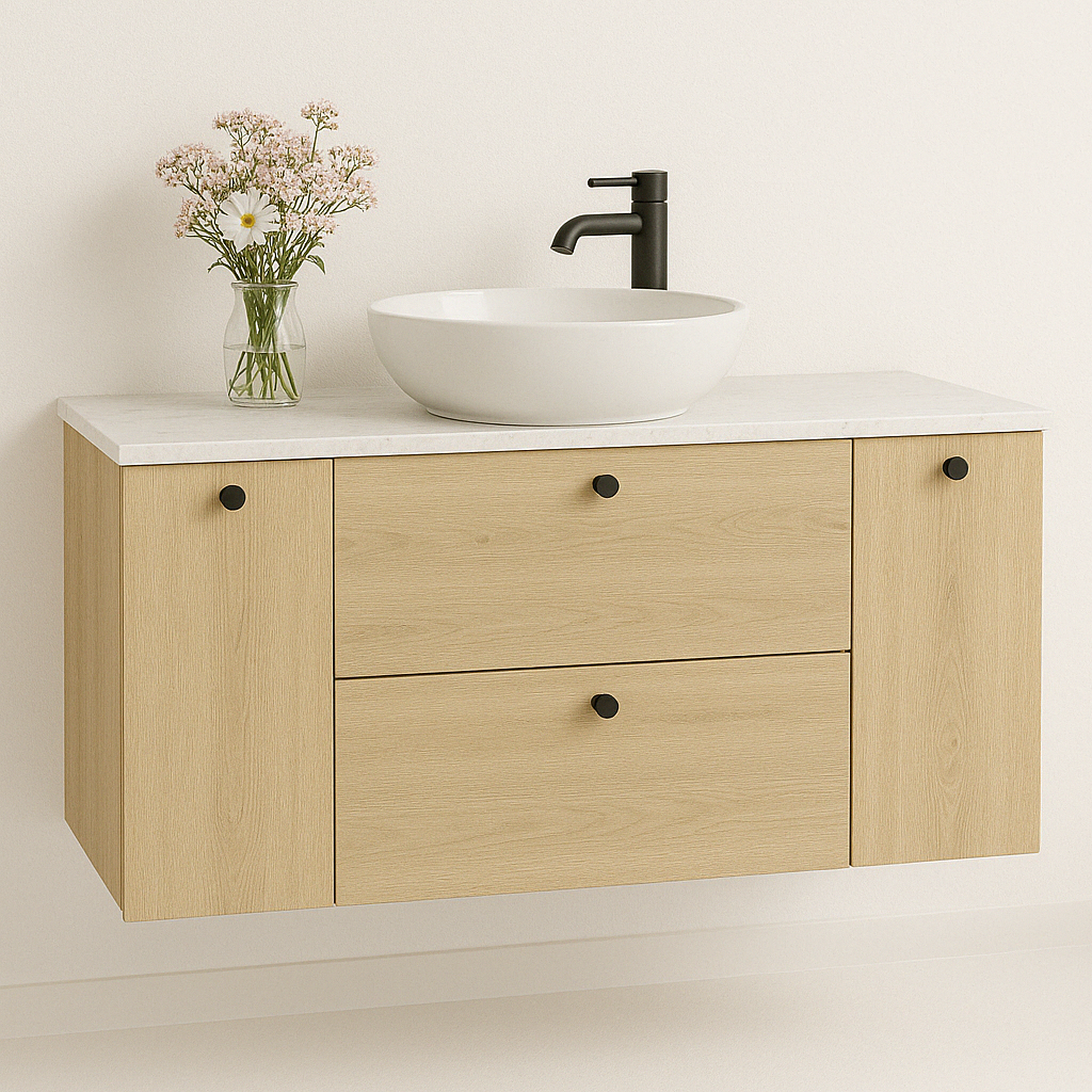 Waschtischunterschrank 120 cm mit 2 Türen und 2 Schubladen Beti - Eiche Cremona/Marmur Bianco