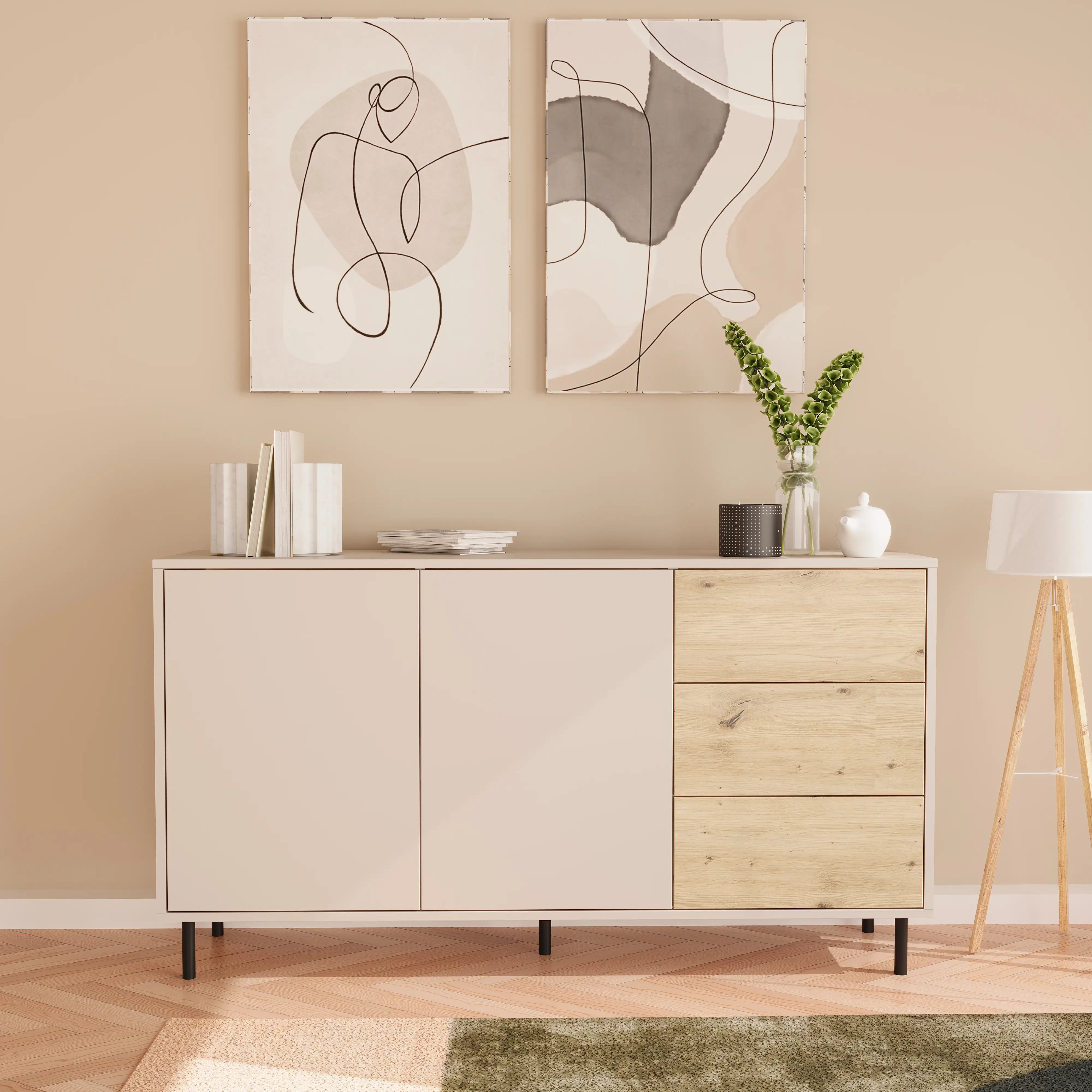 Kommode 150 cm, 2 Türen 3 Schubladen Lola - Kaschmir/Eiche