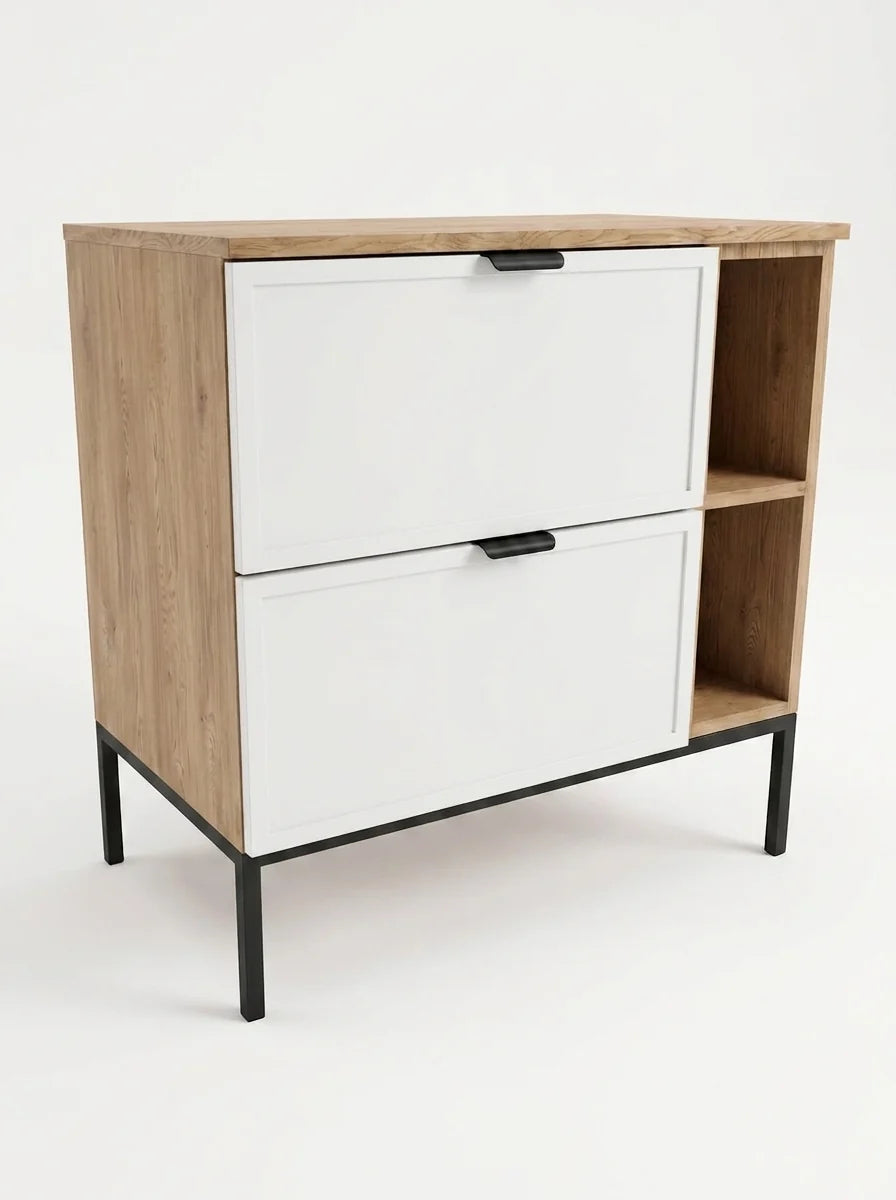 Waschtischunterschrank mit Regal 80 cm auf einem Metallgestell Roma - Weiß/Eiche Cremona