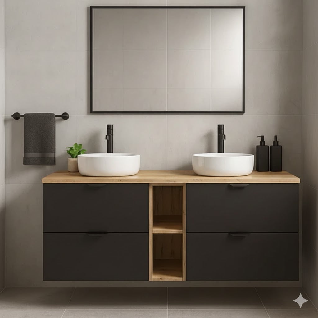 Badmöbel-Set: Waschtischunterschrank 140 cm mit Regal und 2 Waschbecken Orio - Schwarz/Eiche artisan