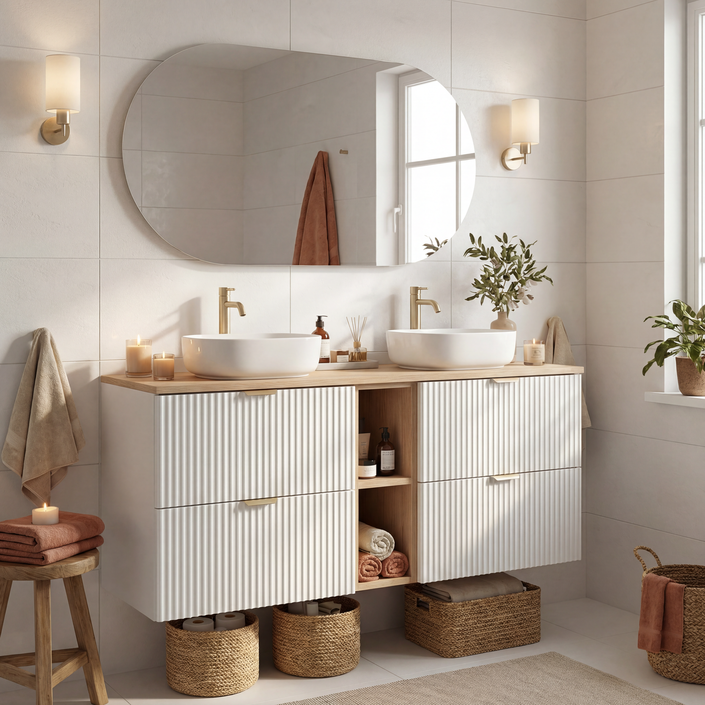 Waschtischunterschrank 140 cm mit Regal Willy - Weiß, Walnuss Regal, Walnussplatte