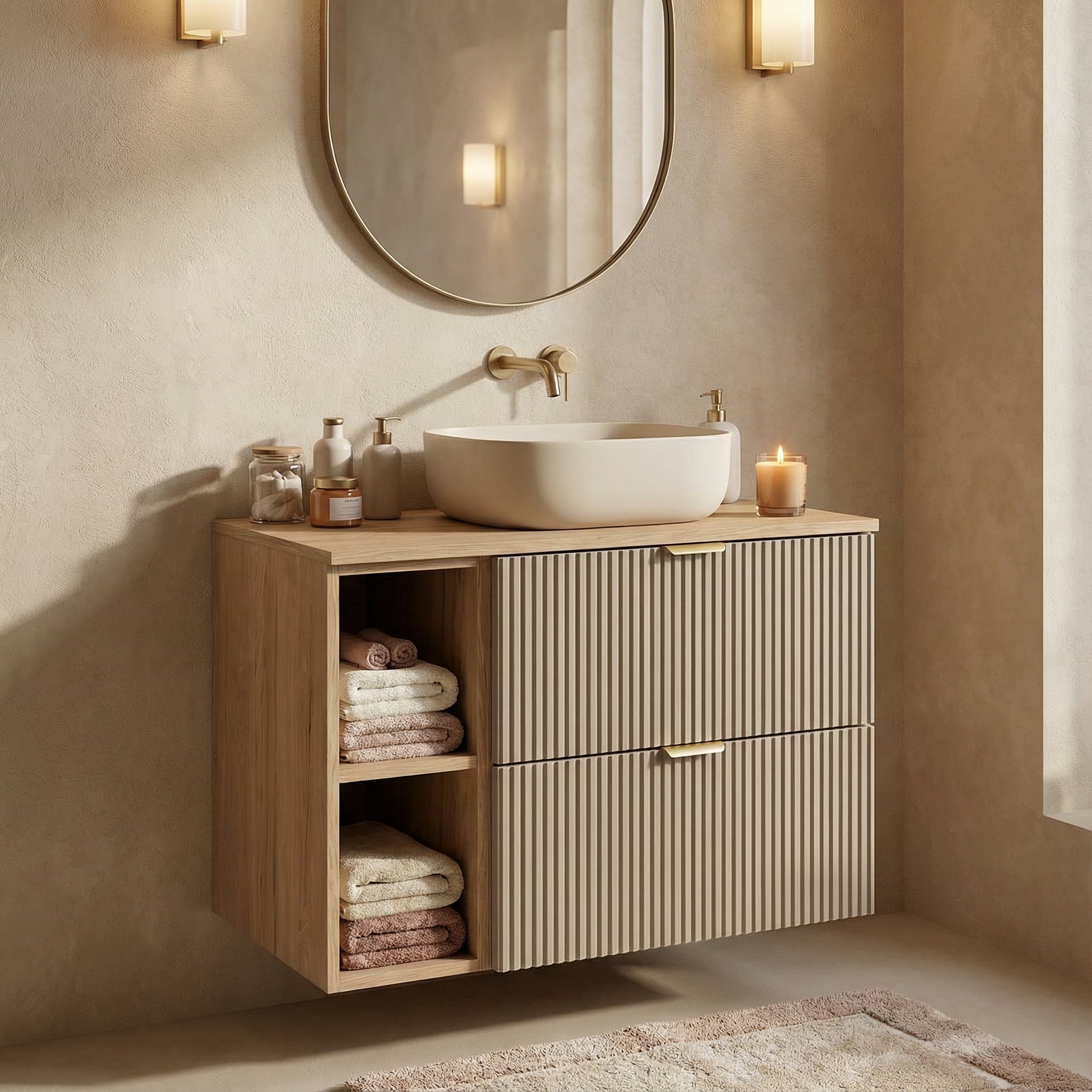 Waschtischunterschrank 80 cm mit Regal Willy - Kaschmir/Walnuss