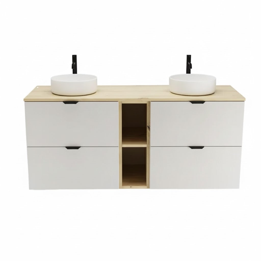 Badmöbel-Set: Waschtischunterschrank 140 cm mit Regal und 2 Waschbecken Orio - Weiß/Eiche artisan