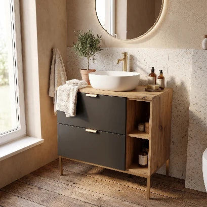 Waschtischunterschrank mit Regal 80 cm auf einem Metallgestell Orio - Schwarz/Eiche artisan