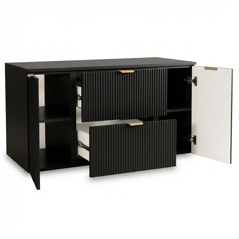 Badmöbel-Set: 120 cm Schrank und Bad Hochschrank Willy - Schwarz, Marmor Schwarz Royal-Platte