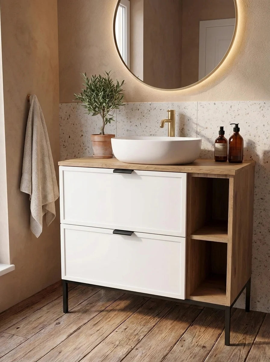Waschtischunterschrank mit Regal 80 cm auf einem Metallgestell Roma - Weiß/Eiche Cremona