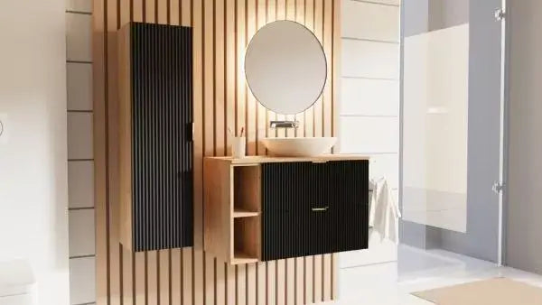 Waschtischunterschrank mit Regal 100 cm Willy - Schwarz, Regal und Walnussplatte