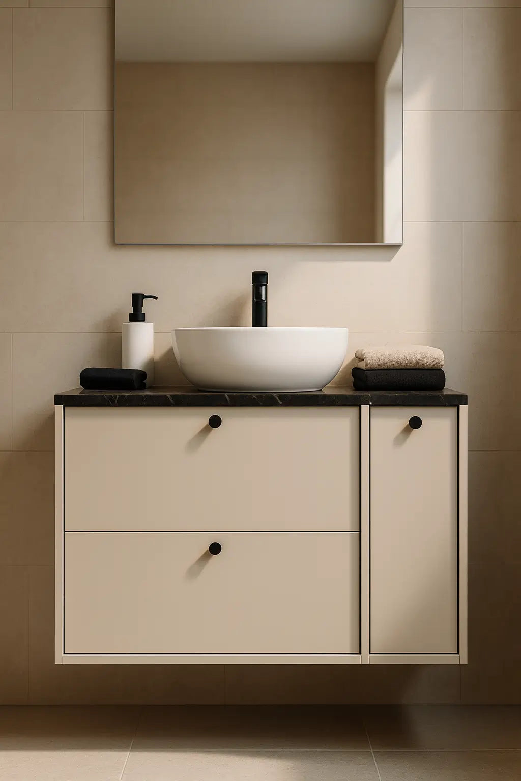 Waschtischunterschrank 80 cm mit Regal, glatte Fronten Belino - Kaschmir/Marmor Schwarz