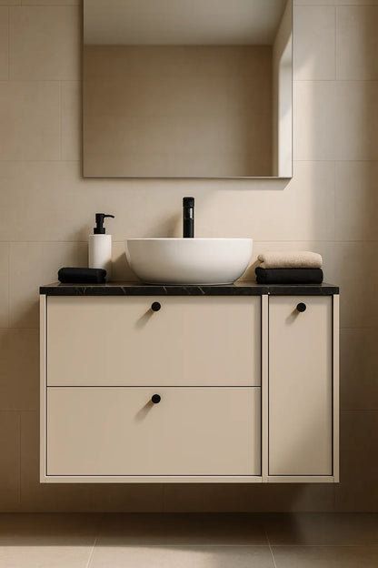 Waschtischunterschrank 80 cm mit Regal, glatte Fronten Belino - Kaschmir/Marmor Schwarz