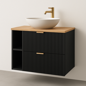 Waschtischunterschrank 80 cm mit Regal Willy - Schwarz, Walnussplatte