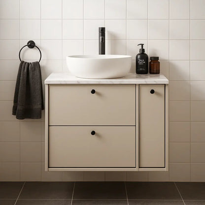Waschtischunterschrank 80 cm mit Regal, glatte Fronten Belino - Kaschmir/Marmor Bianco