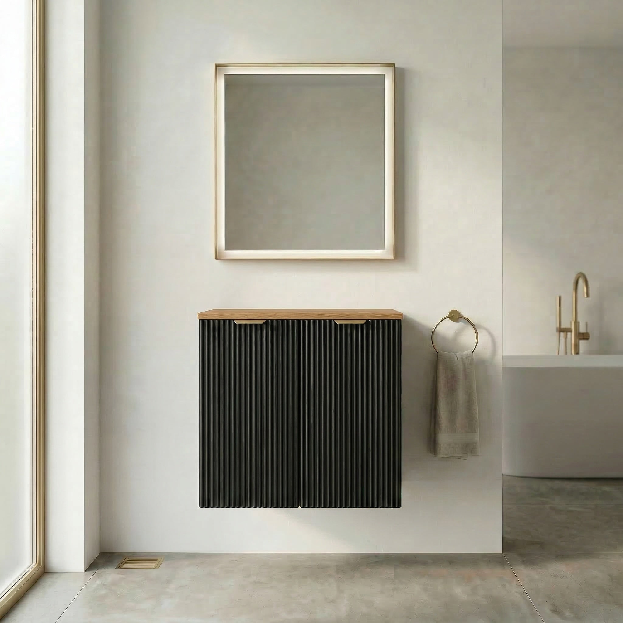 Waschtischunterschrank 60 cm mit Türen Willy - Schwarz, Walnussplatte