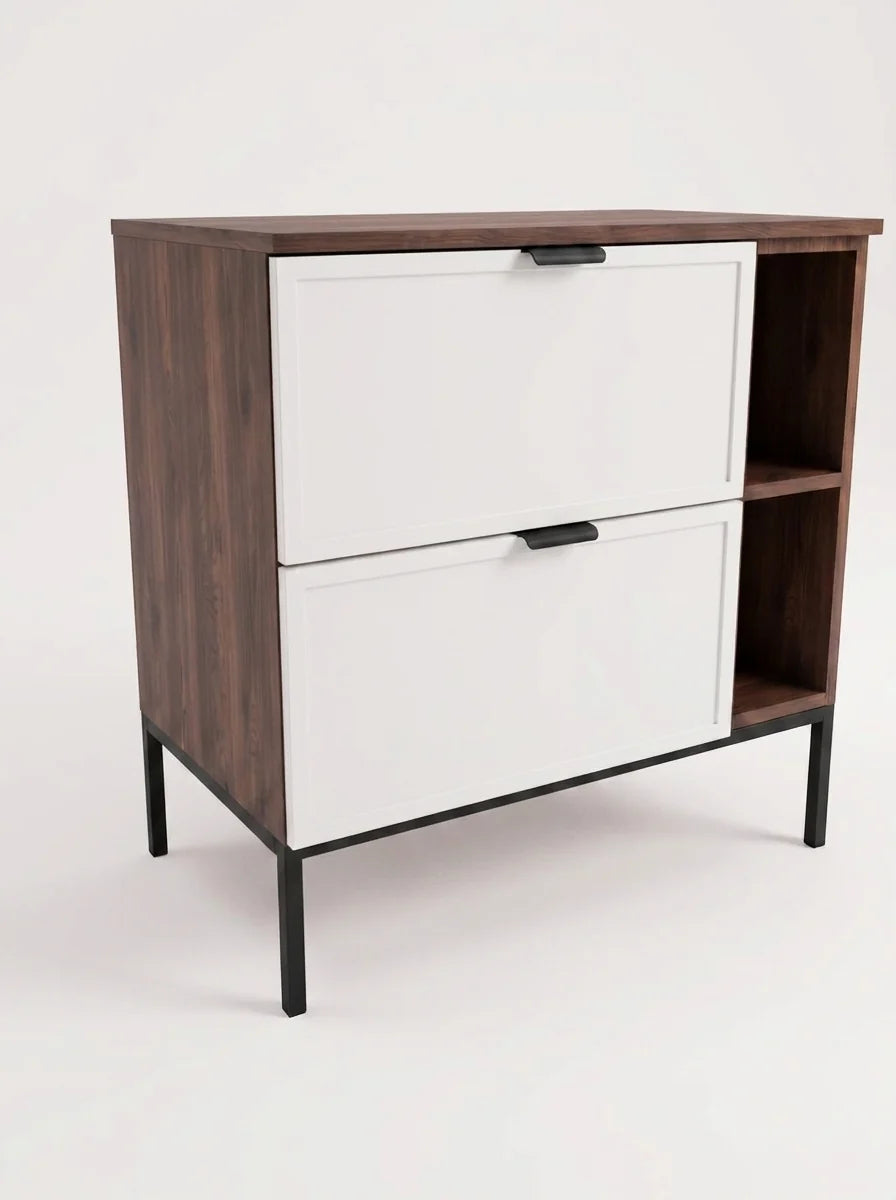 Waschtischunterschrank mit Regal 80 cm auf einem Metallgestell Roma - Weiß/Walnuss Dunkel