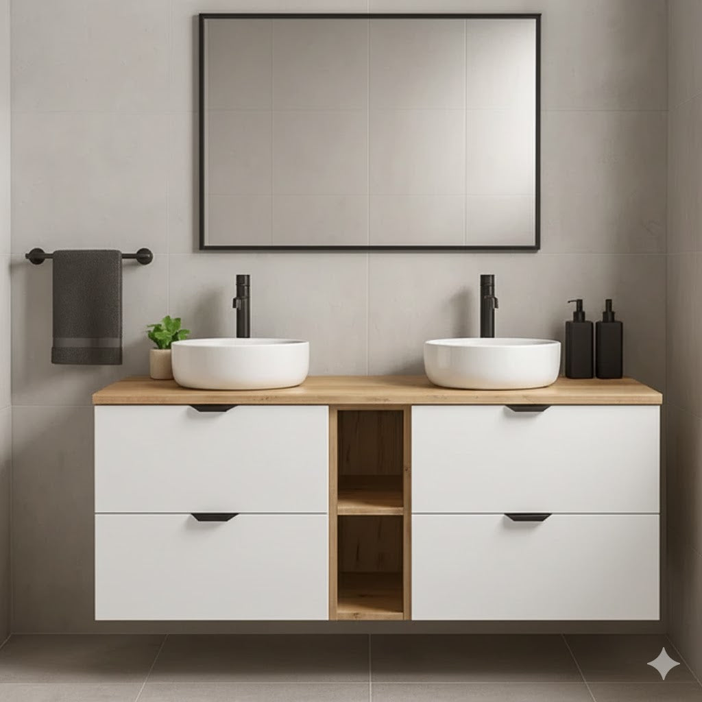 Badmöbel-Set: Waschtischunterschrank 140 cm mit Regal und 2 Waschbecken Orio - Weiß/Eiche artisan