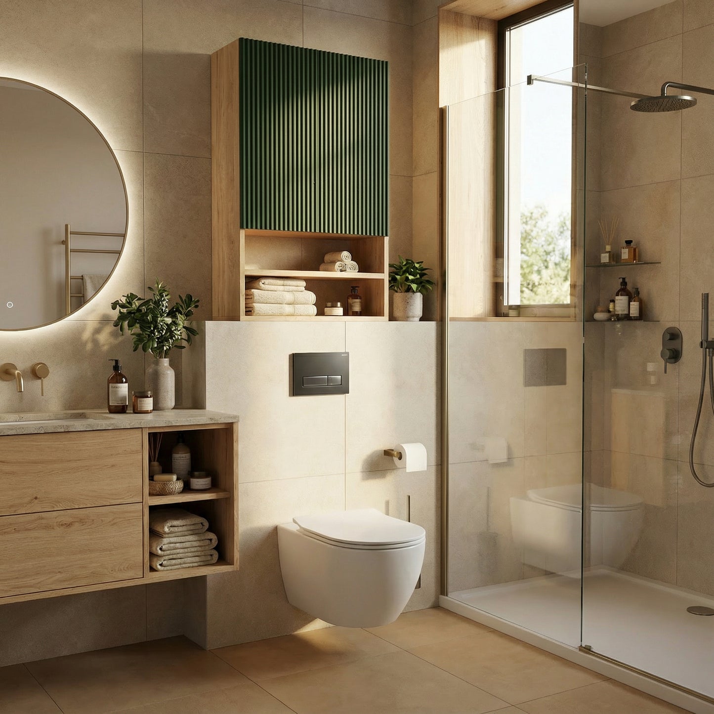 Badezimmer Hängeschrank 60 cm mit geriffelte Front Willy für Geberit - Salbei/Walnuss