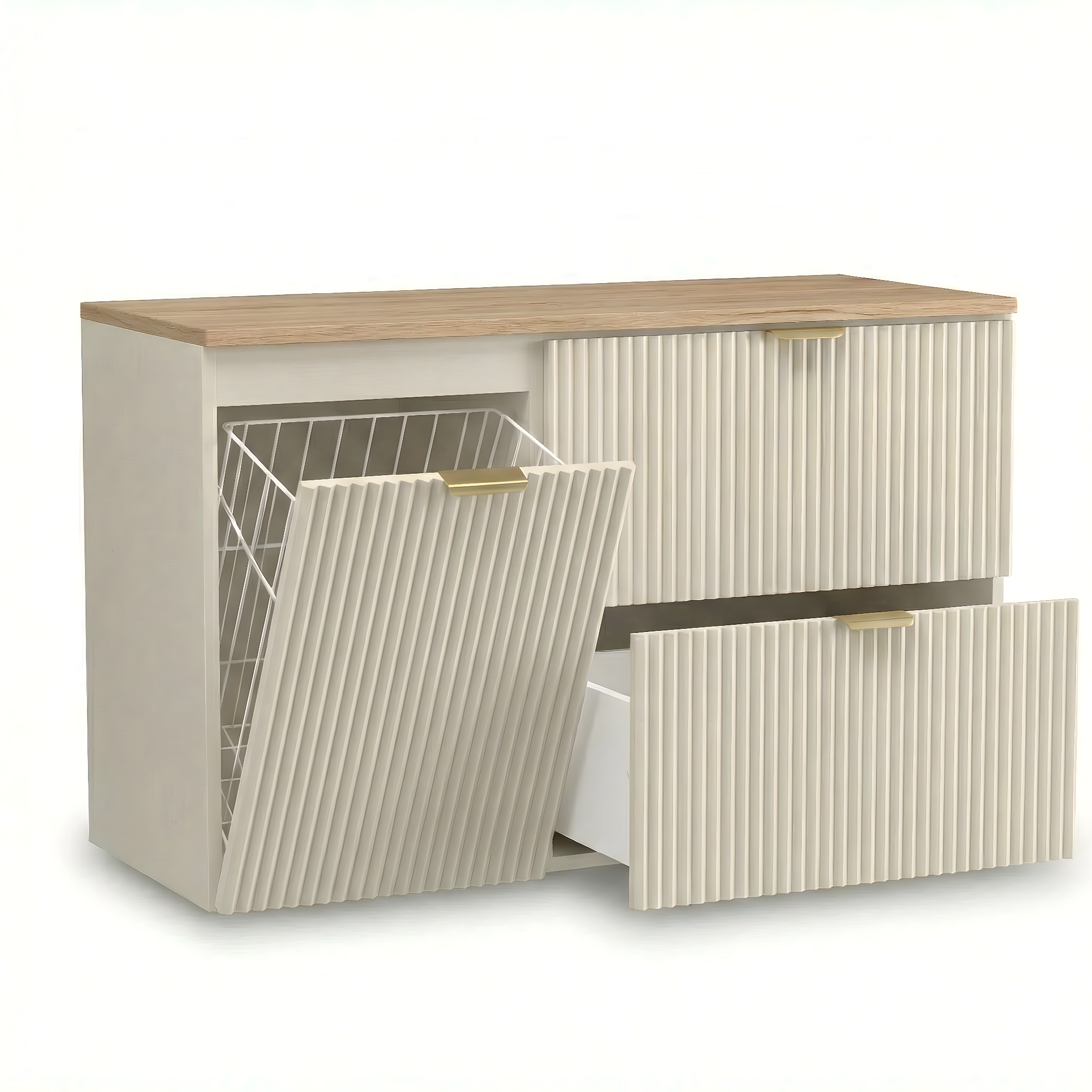 Badmöbel-Set: 100 cm Schrank mit Wäschekorb und Bad Hochschrank Willy - Kaschmir, Walnussplatte
