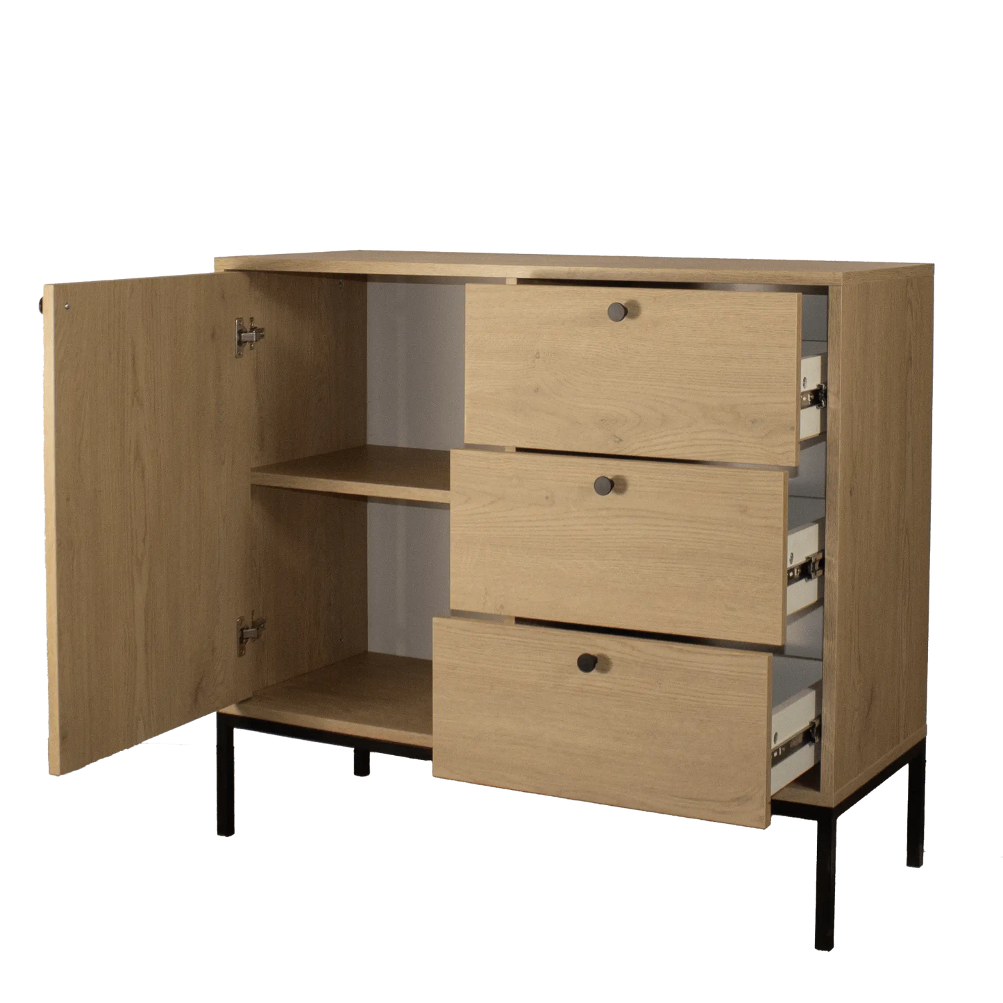 Kommode schmal 100 cm, 1 Tür, 3 Schubladen, glatte Fronten, auf einem schwarze Metallrahmen Gaja - Eiche Cremona