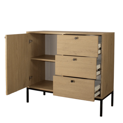 Kommode schmal 100 cm, 1 Tür, 3 Schubladen, glatte Fronten, auf einem schwarze Metallrahmen Gaja - Eiche Cremona