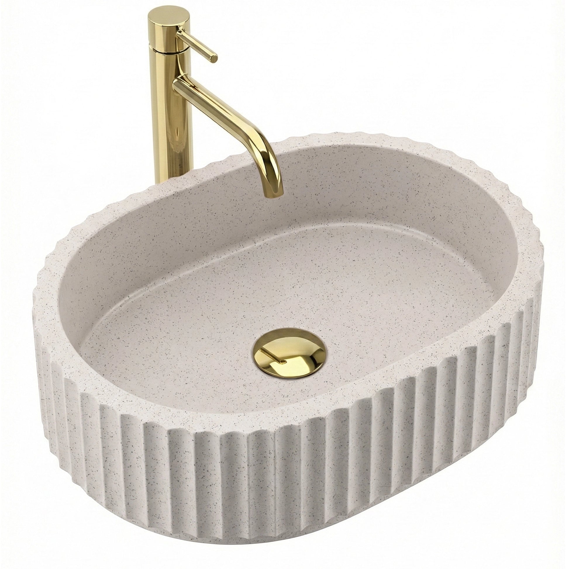 Beiges Aufsatzwaschbecken Margaret 50 cm mit Riffelstruktur aus Artificial Stone, ovale Form, matte Oberfläche, natürlicher Steinlook.