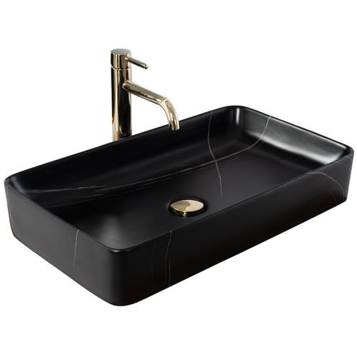 Rechteckiges Aufsatzwaschbecken Denis Black Stone Matt in schwarzer Steinoptik mit matter Oberfläche, modern im Industrial-Style Badezimmer.