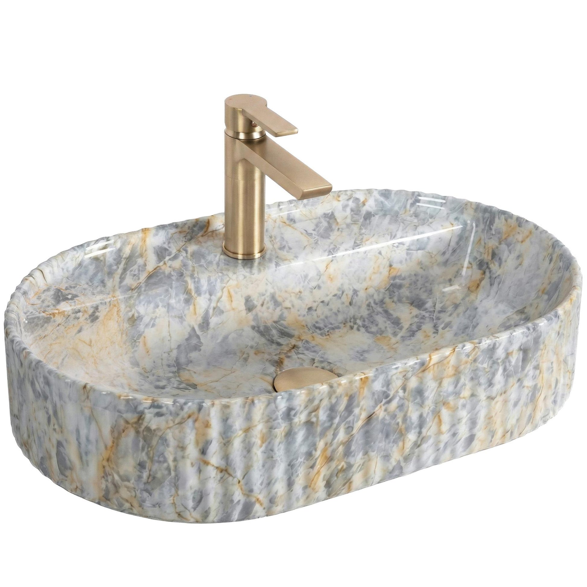 Rechteckiges Aufsatzwaschbecken Rea Marcela 60 Ruststone mit gerillter Oberfläche in Steinoptik und glänzender Glasur, modern im Badezimmer.