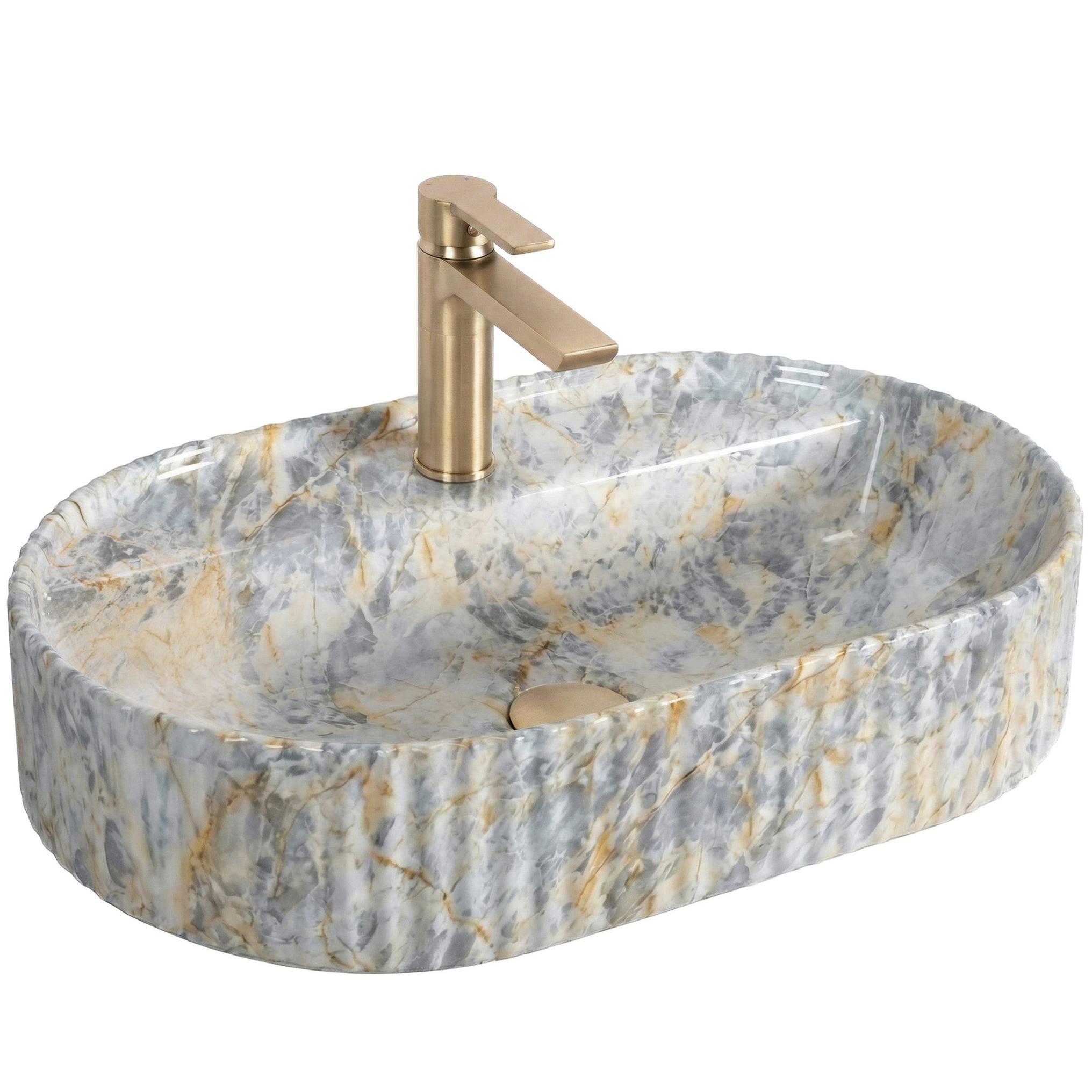 Rechteckiges Aufsatzwaschbecken Rea Marcela 60 Ruststone mit gerillter Oberfläche in Steinoptik und glänzender Glasur, modern im Badezimmer.