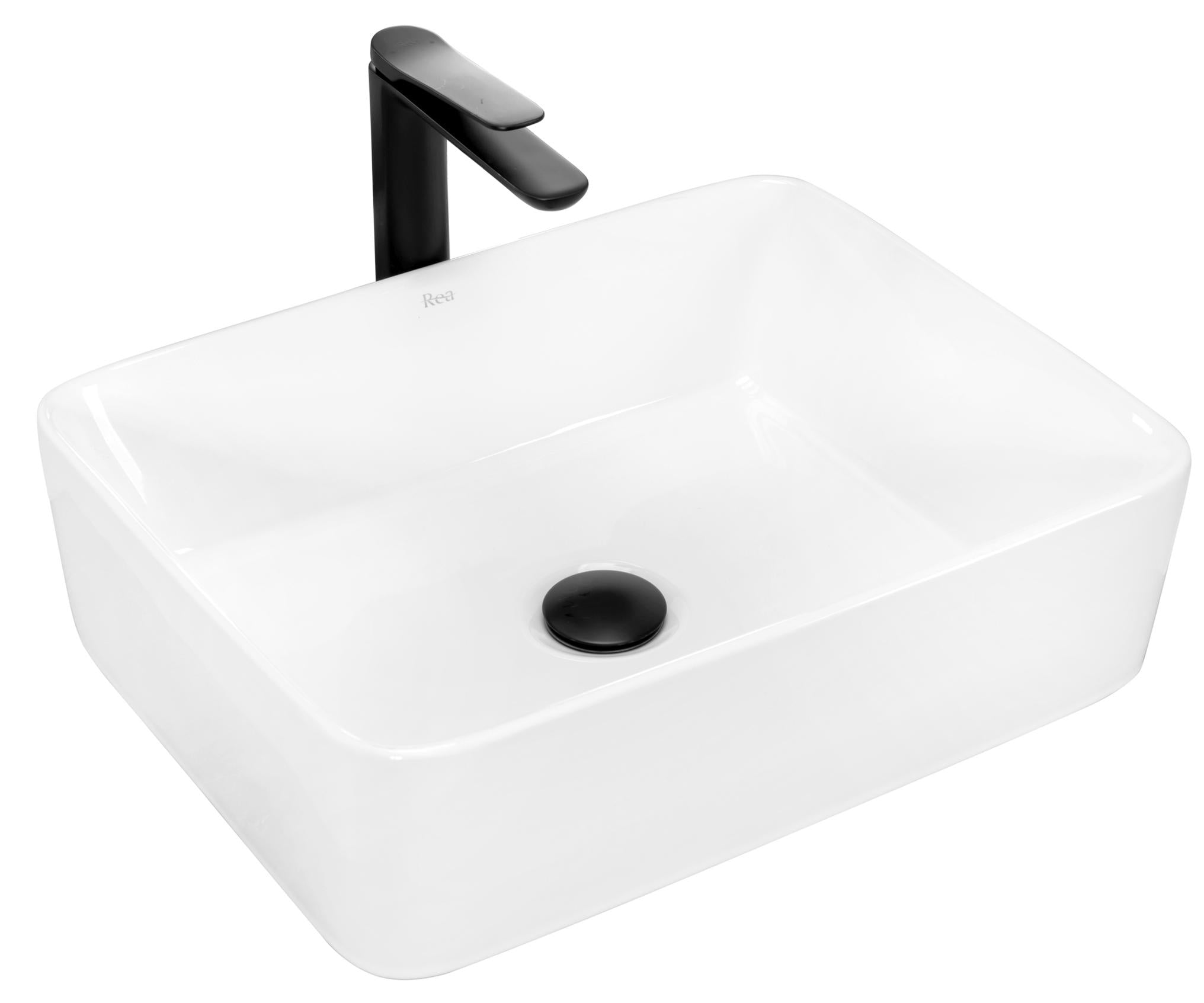 Ovales Aufsatzwaschbecken Rea Anita in strahlendem Weiß mit dünnen, eleganten Rändern, modern auf einer Badezimmerplatte platziert.