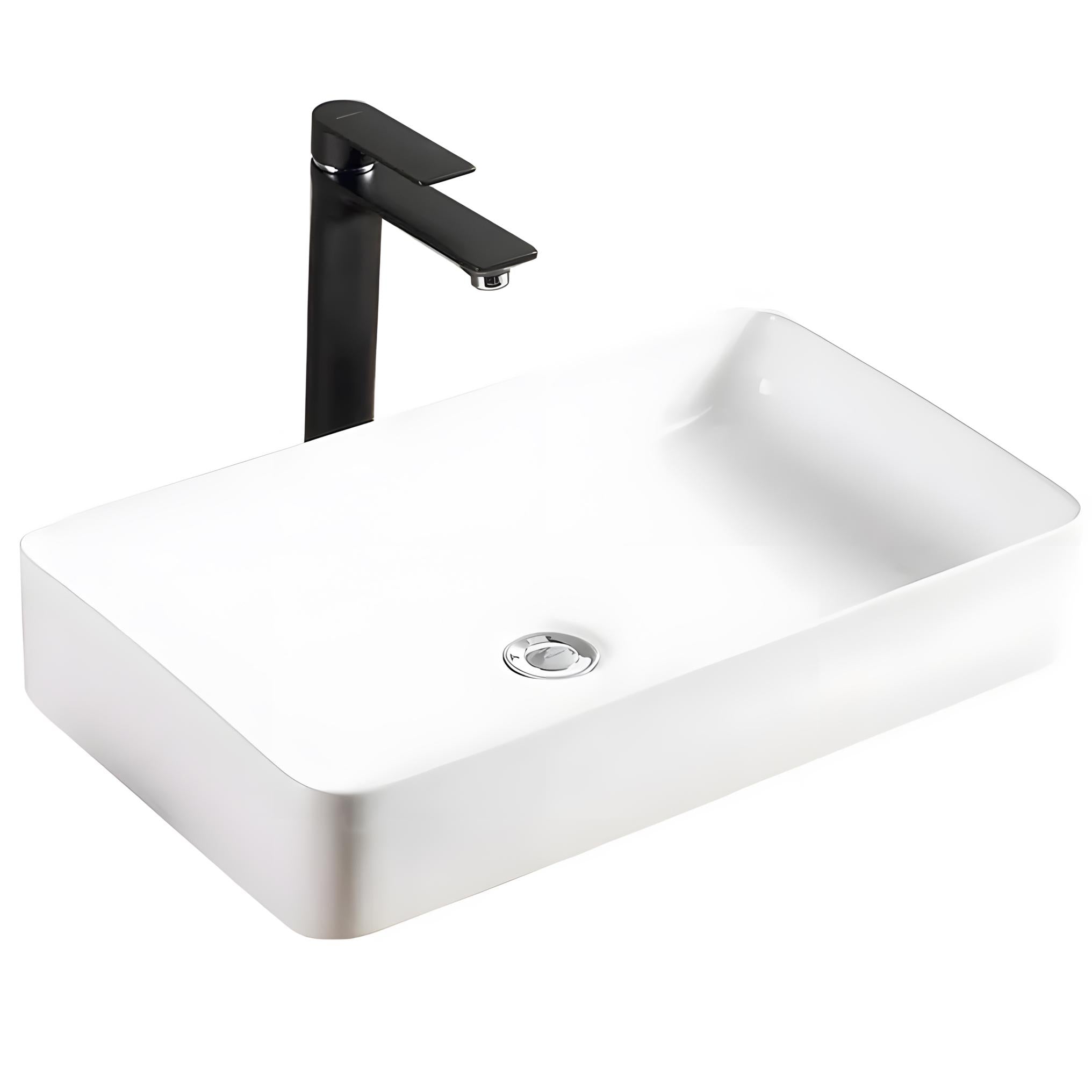 Rechteckiges Aufsatzwaschbecken Denis 61 cm in glänzendem Weiß mit sanft abgerundeten Ecken, modern und minimalistisch im Badezimmer platziert.