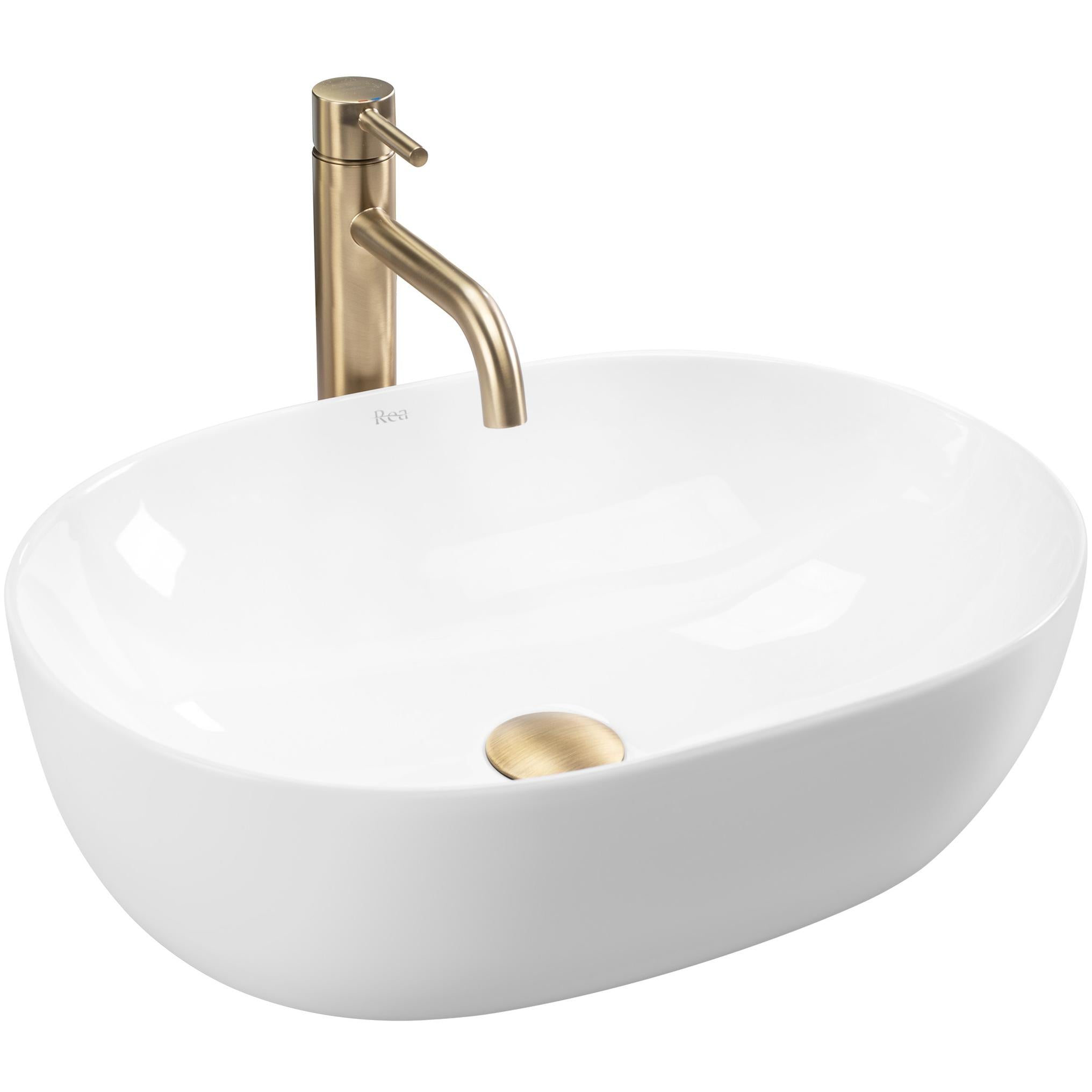 Rundes Aufsatzwaschbecken Lisa in strahlendem Weiß mit hohen, schlanken Wänden, modern und elegant auf einer Badezimmerplatte platziert.