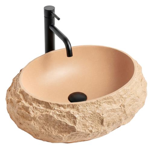 Aufsatzwaschbecken Rea Mika aus Kunststein mit natürlicher Steinoptik außen und glatter Innenfläche, modernes Design für Loft- und Industrial-Bäder.