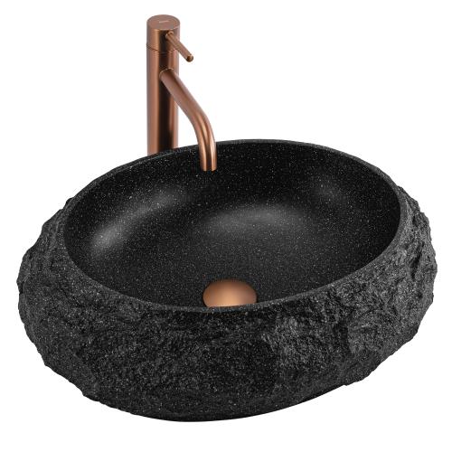 Design-Aufsatzwaschbecken Mika aus Kunststein (Artificial Stone) mit strukturierter Steinoptik außen und glatter weißer Innenfläche im modernen Badezimmer.