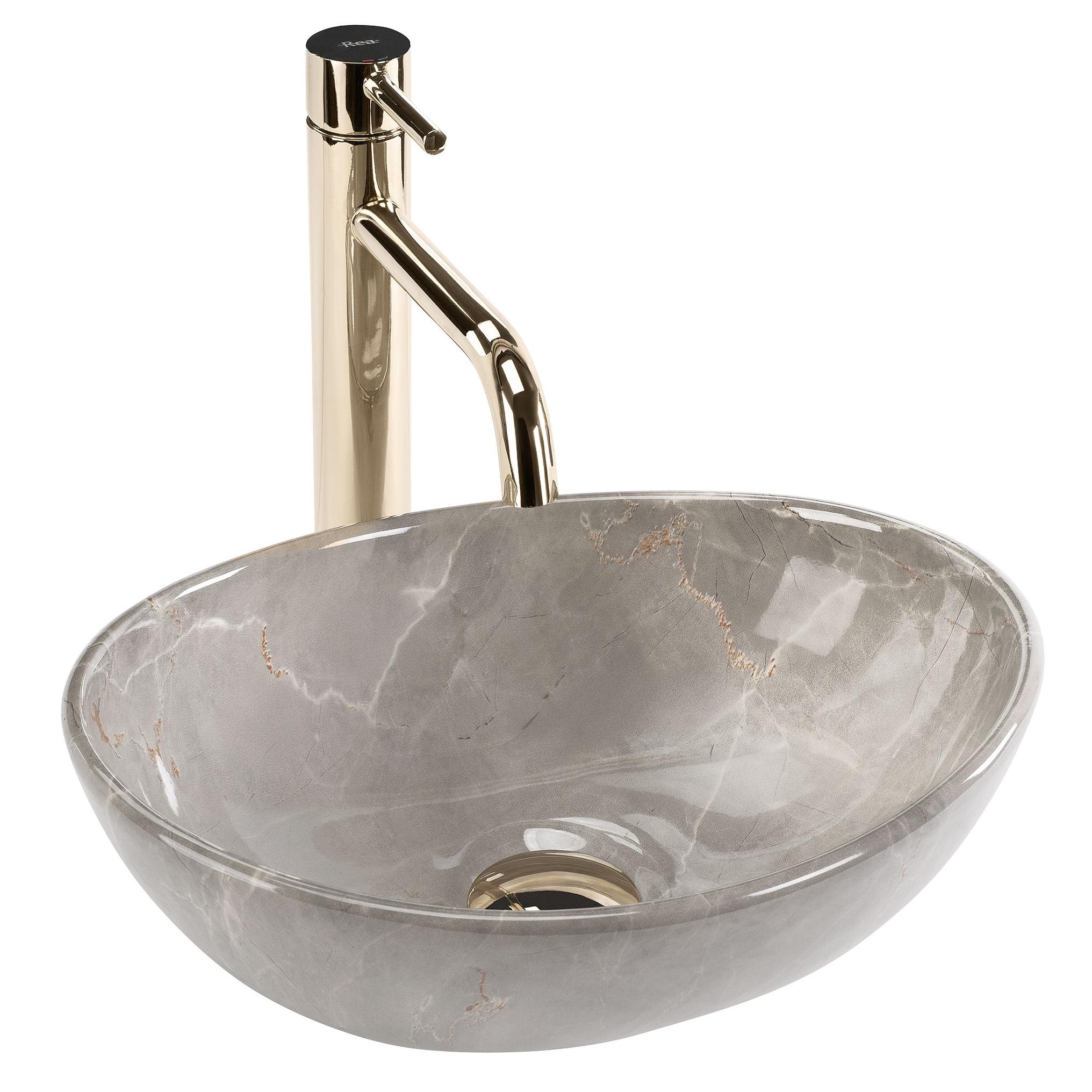 Kompaktes Aufsatzwaschbecken Sofia Mini Kaschmir in Steinoptik, in warmer Kaschmirfarbe, ideal für kleine Badezimmer und Gäste-WCs.