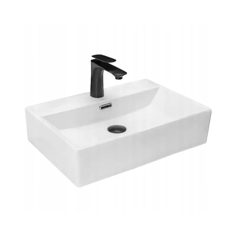 Wand- und Aufsatzwaschbecken Bonita (50 cm) aus mattweißer Sanitärkeramik, rechteckige Form mit Armaturloch und Überlauf, Rückkante als Ablage nutzbar, modernes und funktionales Design für Badezimmer.