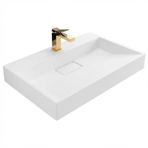 Minimalistisches weißes Waschbecken Goya aus Konglomerat mit glatter, moderner Oberfläche, als Aufsatz- oder Wandmontage im Badezimmer.
