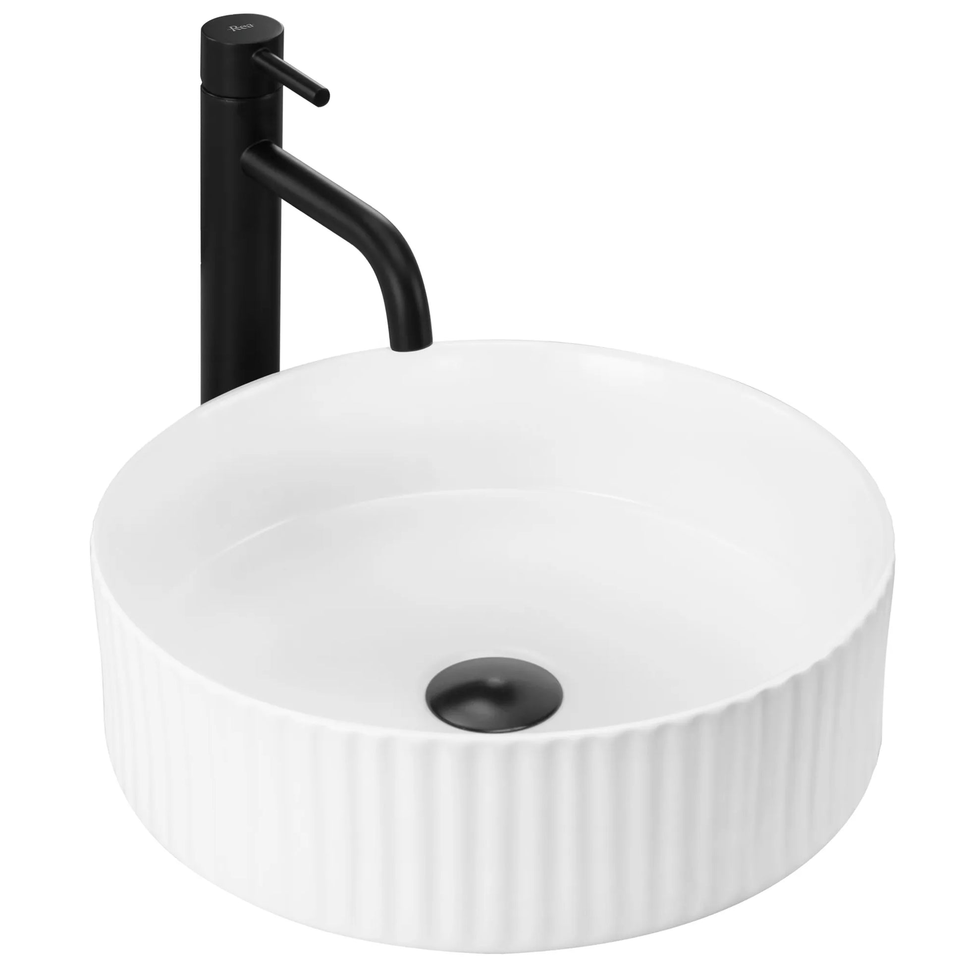 Aufsatzwaschbecken Delia (36 cm) aus weißer Hochglanz-Sanitärkeramik, kompakte runde Form mit dekorativer Riefenstruktur, ohne Hahnloch und Überlauf, modernes Design für kleine Badezimmer.
