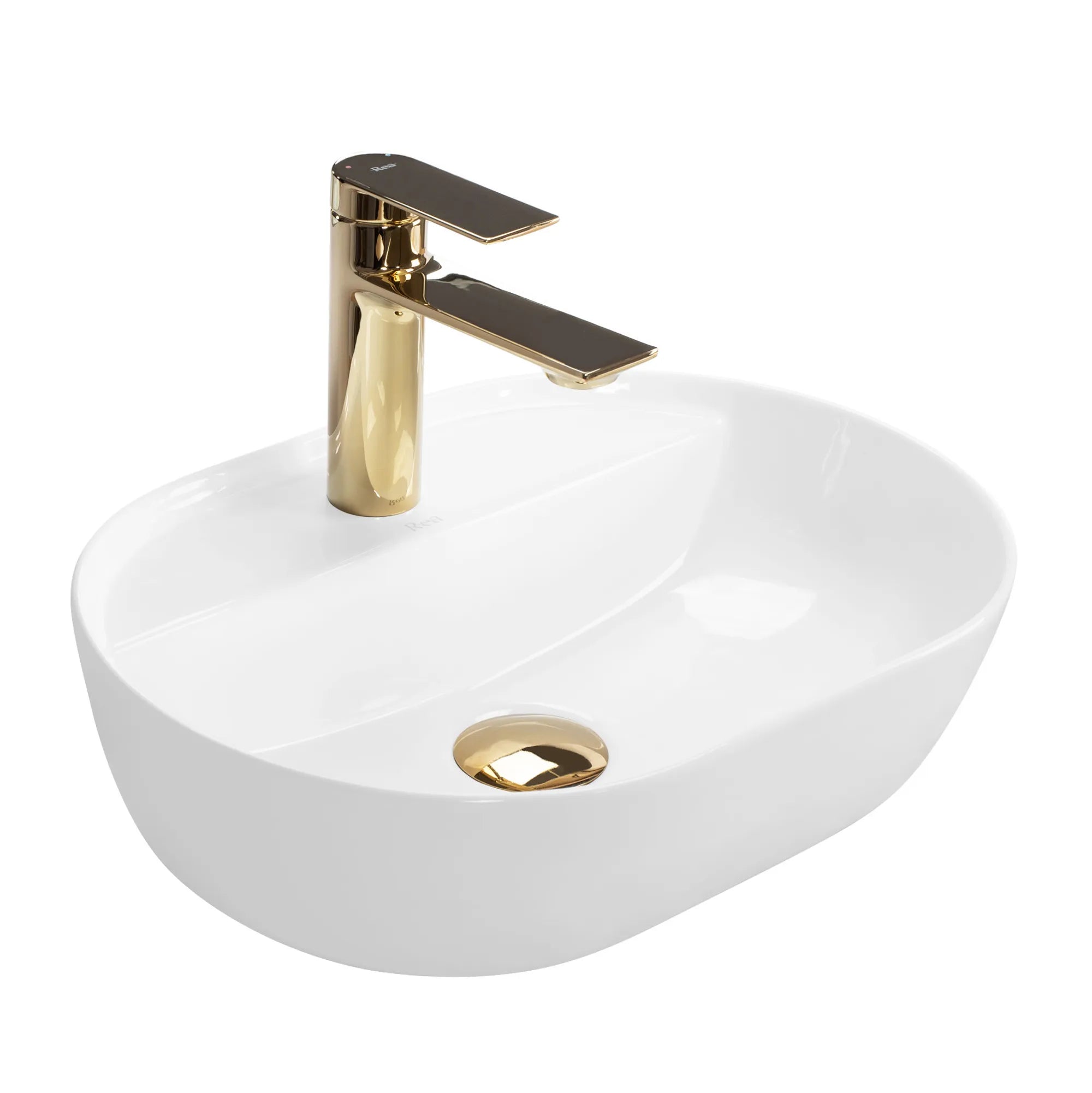 Aufsatzwaschbecken Aura (42 cm) aus weißer Hochglanz-Sanitärkeramik, ovale Form mit Armaturloch, 90 mm Schüsseltiefe, modernes und kompaktes Design für Badezimmer.