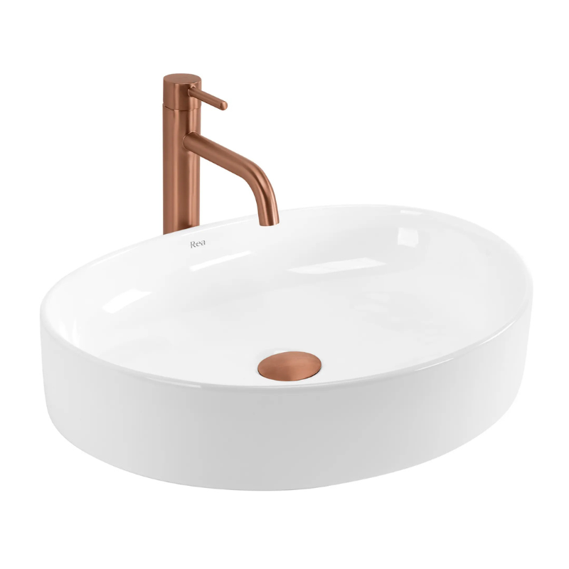 Aufsatzwaschbecken Joana (50 cm) aus weiß glänzender Sanitärkeramik, ovale asymmetrische Form, ohne Hahnloch und Überlauf, elegantes minimalistisches Design für Badezimmer.